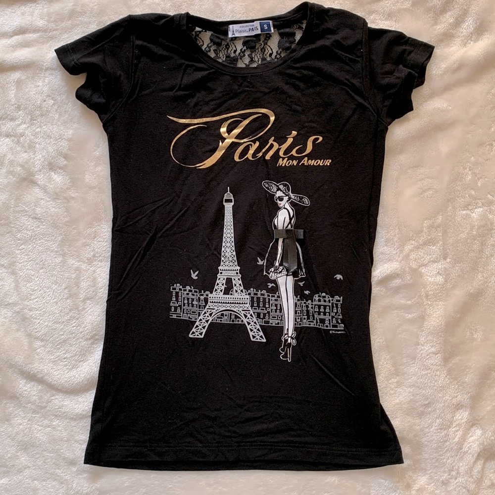 Black 'Paris Mon Amour' Graphic Tee with Gold Script XS